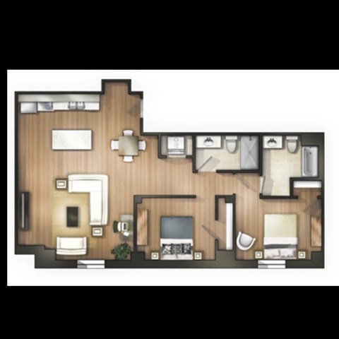 Floor plan for 2 beds, 2 baths, 1032 sqft